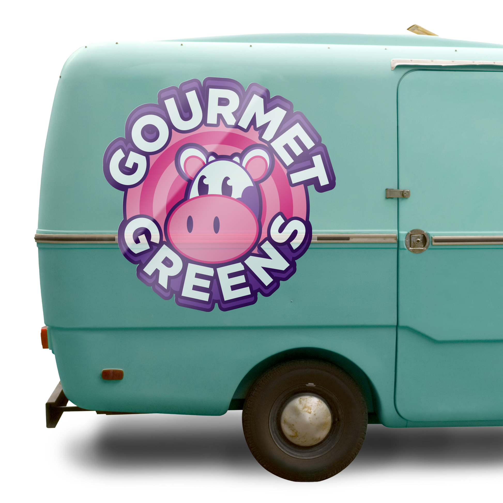 A food truck with a logo decal applied