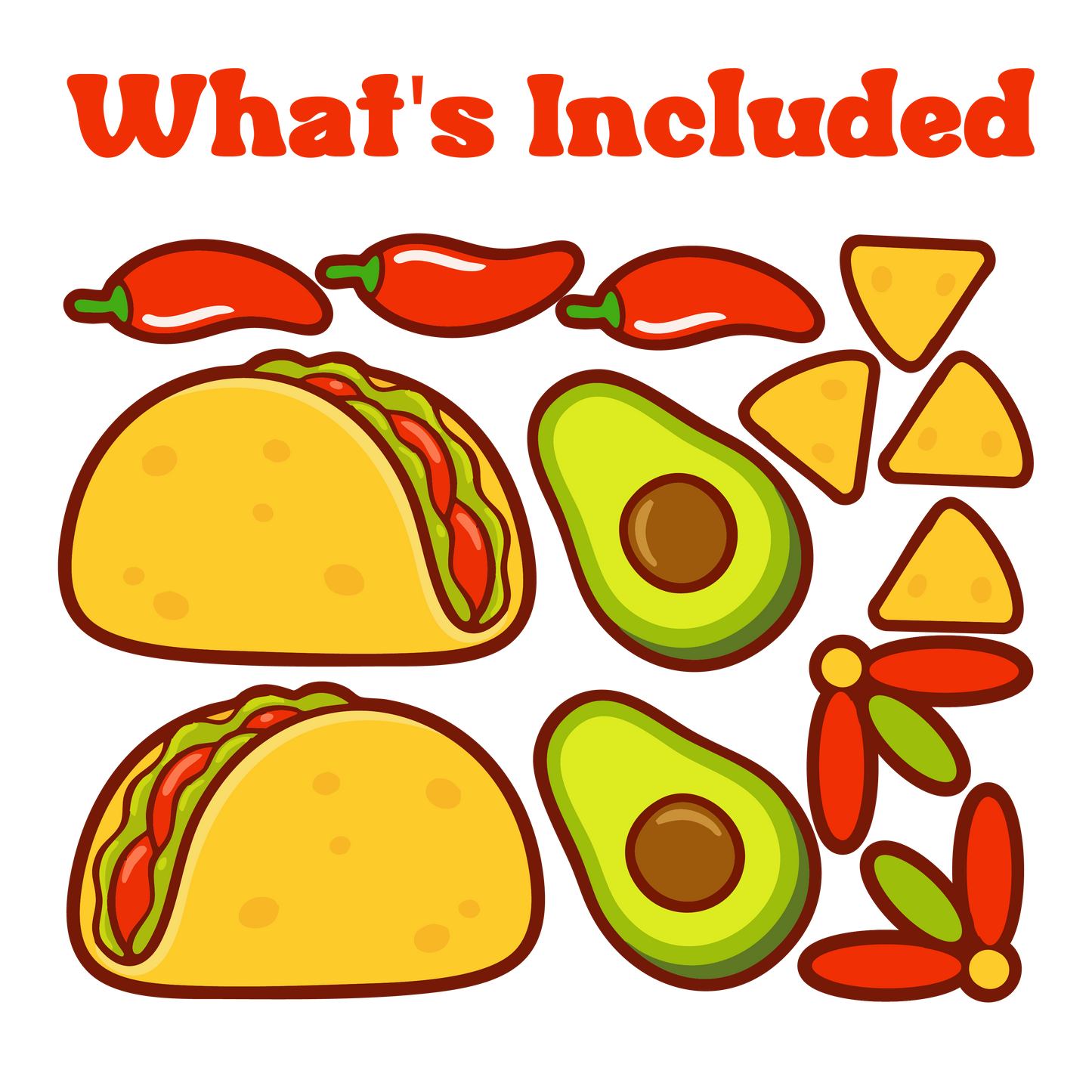 Illustrations of 2 tacos, 2 avocados, and 4 tortilla chips with no background with text 'What's included'.
