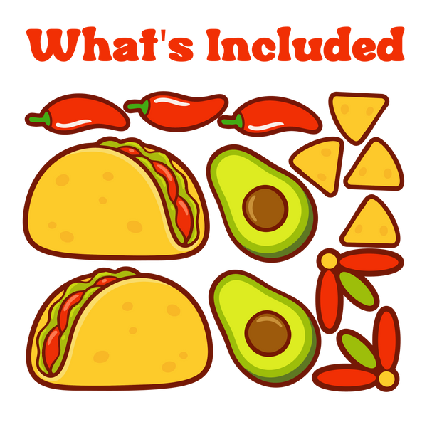 Illustrations of 2 tacos, 2 avocados, and 4 tortilla chips with no background with text 'What's included'.